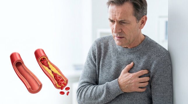 Cardiovascular disease concept showing senior man holding chest and cholesterol plaque in blood vessel, Heart problem and atherosclerosis concept featuring normal and narrowed blocked artery diagram.