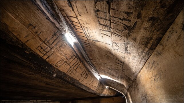 markings. Dark narrow wooden ship interior with carved markings and a beam of light. mobility guides, transit brochures, designed for transport & logistics marketing, used by bi analysts.
