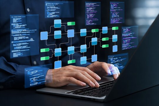 Data infrastructure and data pipeline development. Data integration. Engineer using laptop computer to design data processing system and data warehouse.