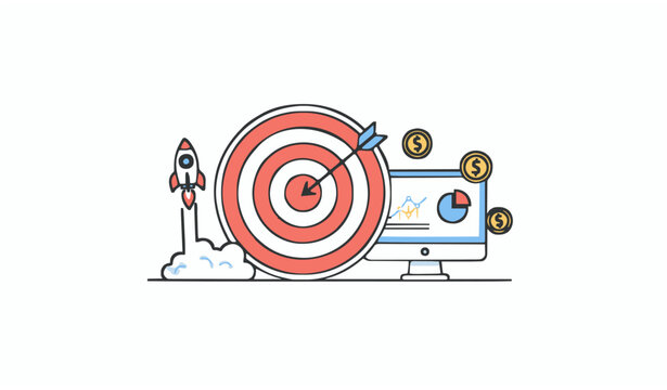 Business startup marketing target success with rocket launch and finance infographic vector illustration isolated on white background
