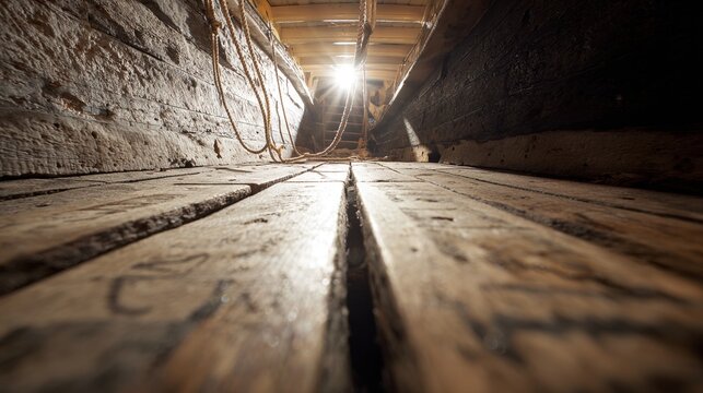markings. Dark narrow wooden ship interior with carved markings and a beam of light. mobility guides, transit brochures, designed for transport & logistics marketing, used by bi analysts.