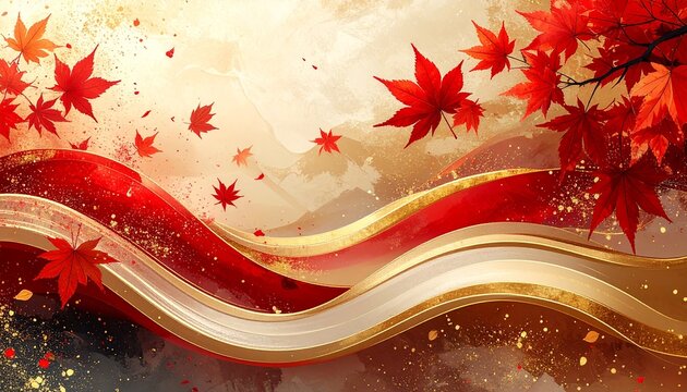 Autumn Japanese abstract background with crimson maple leaves, flowing red and beige waves and gold dust particles