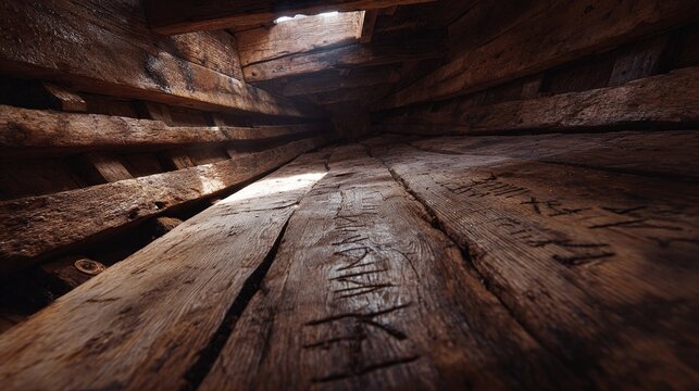 markings. Dark narrow wooden ship interior with carved markings and a beam of light. mobility guides, transit brochures, designed for transport & logistics marketing, used by bi analysts.