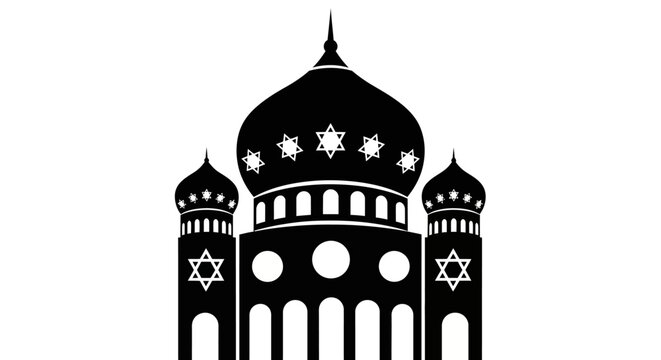 Black silhouette of a mosque style building featuring Star of David symbols.