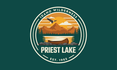 Vintage Camping Emblem with Eagle Over Lake at Sunset Retro Logo Design © SMFARHANTANVIR