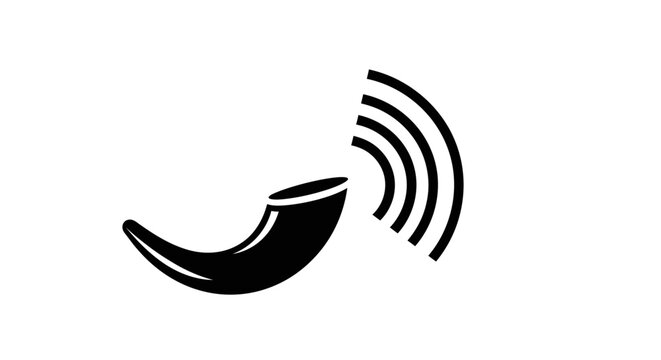 Black silhouette icon of a shofar horn with sound waves.