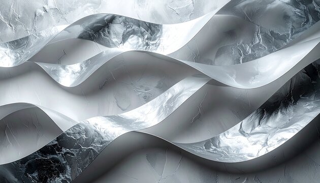 Luxury abstract background with metallic silver ribbons and monochrome marble paper waves