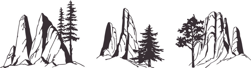 Hand drawn mountain landscape set with pine trees and rocky cliffs in vintage sketch style. Nature outline illustration collection for outdoor themes and travel design. Minimal vector line art element © Parul