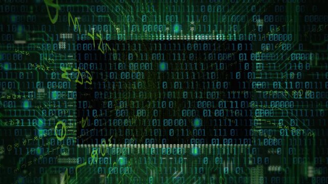 Digital circuit board background features glowing green binary code patterns and intricate electronic pathways designed to represent advanced technology and complex data processing systems.