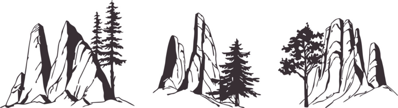 Hand drawn mountain landscape set with pine trees and rocky cliffs in vintage sketch style. Nature outline illustration collection for outdoor themes and travel design. Minimal vector line art element