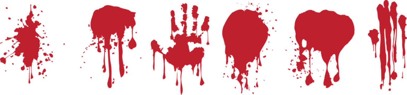 Red ink splatter and dripping paint stains collection in grunge style isolated on white background. Horror blood effect shapes for Halloween themes and edgy design projects. Vector splash elements set