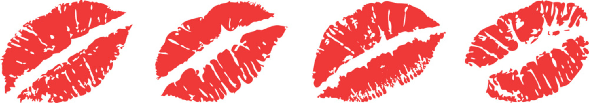 Red lipstick kiss marks set with realistic textured lip prints in bold romantic style for modern graphic design. Love themed elements for branding posters and cards. Vector illustration isolated 