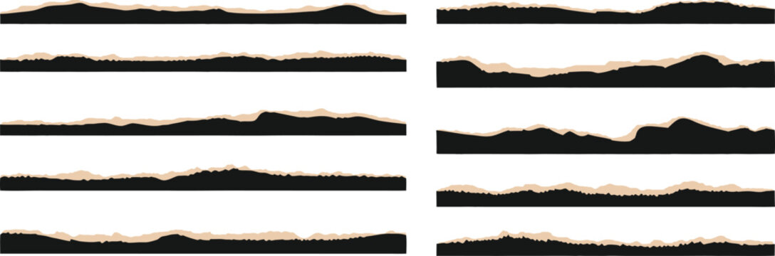 Torn paper edge borders set with rough ripped textures and realistic deckle edges in horizontal strips for grunge design. Distressed paper elements for frames banners and backgrounds. Vector 