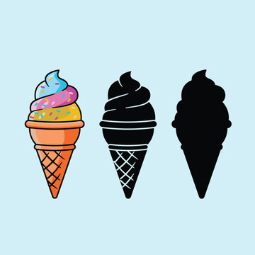 Ice Cream Cone Vector Set &ndash; Colorful, Outline and Silhouette Dessert Icons. Set of vector flat outline icons. Cute cartoon style illustration for product design