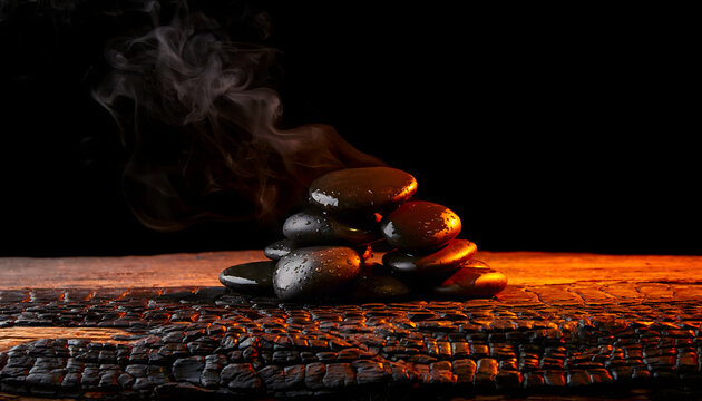 Basalt massage stones heating on a charred wooden surface under fiery light creating a warm cozy and visually dramatic atmosphere generative AI