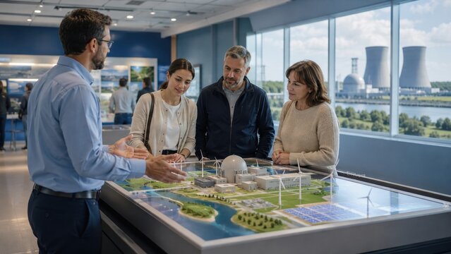 Group learns about renewable energy options at an exhibit in a modern facility with a view of power plants and wind turbines