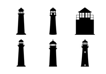 Obraz premium Black and white lighthouse icons set - Minimalist collection of six lighthouse icons in black and white, perfect for maps, travel, and nautical themes.