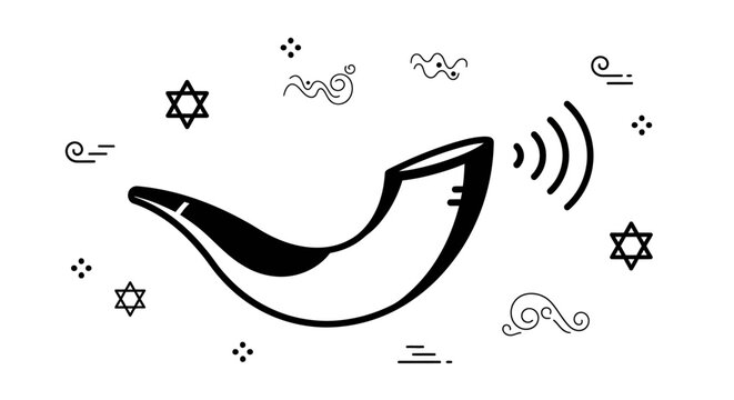 Hand drawn illustration of a Jewish Shofar horn blowing.
