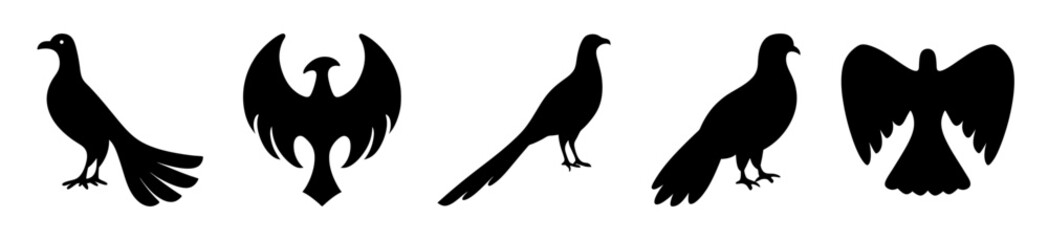 Fototapeta premium Black silhouette icons of various birds in flight - Minimalist black silhouette icons showing different bird species in flight style, ideal for nature, design, or illustration projects.
