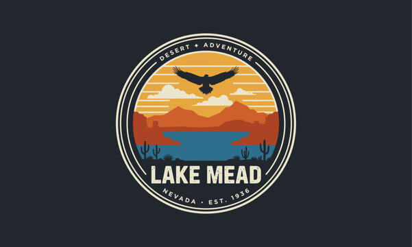 Silhouette Eagle Over Sunset Lake Mead Emblem with Scenic Landscape Background
