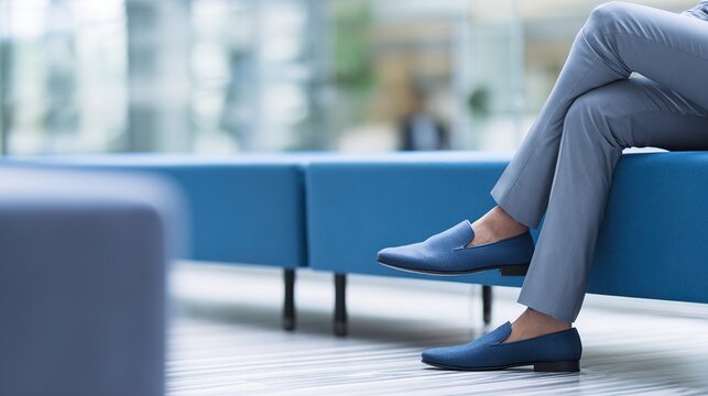 gentleman. Lower body view of professional attire in corporate waiting area. pitch deck slides, case study pages, designed for enterprise HRIS and productivity software interfaces.