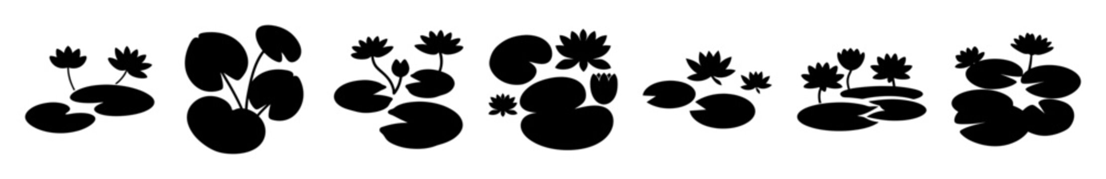Black lily pads and water plants floating on water - Minimalist black silhouette of lily pads and aquatic plants floating on a smooth water surface, ideal for nature or botanical designs.