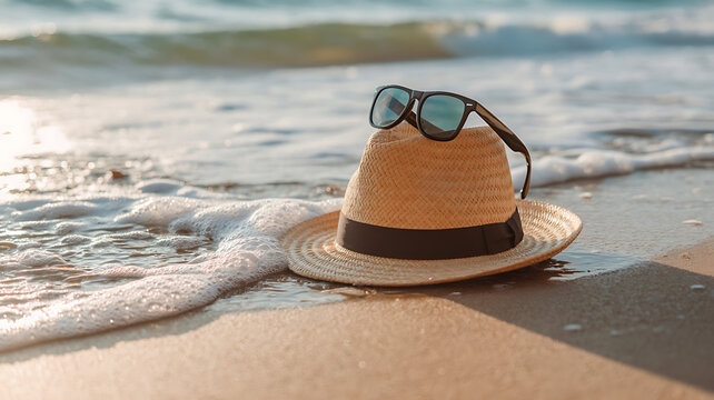 Straw hat and sunglasses on wet beach sand with gentle ocean waves washing ashore during sunset light warm tones summer atmosphere.