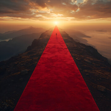 An endless red carpet unrolling across a vast landscape of mountains and oceans is guiding a lone walking figure peacefully generative AI