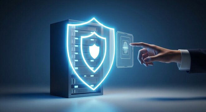 Cybersecurity concept with a businessman hand using a digital fingerprint scanner on a server rack protected by a glowing blue shield hologram.