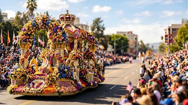 Floral parade float with large gold crown driving on city street for festival