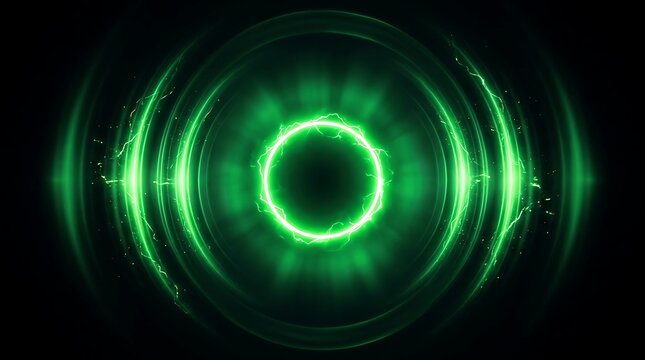 Expanding Green Neon Ring with Glowing Particles and Concentric Circles on Black Background