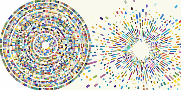 Geometric dispersion pattern with colorful rectangles and circles on white background
