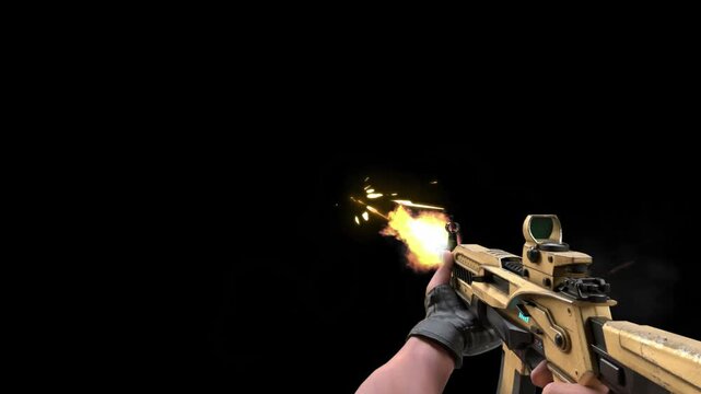 Soldier holds a tactical rifle that discharges a bright muzzle flash in a dark environment during a high intensity training exercise or a realistic combat simulation scenario for military personnel.