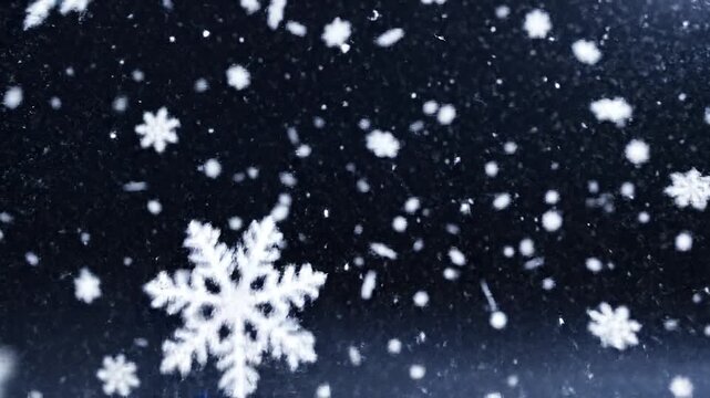 Slow motion close up of snowflakes falling and drifting in cold dark winter night atmosphere