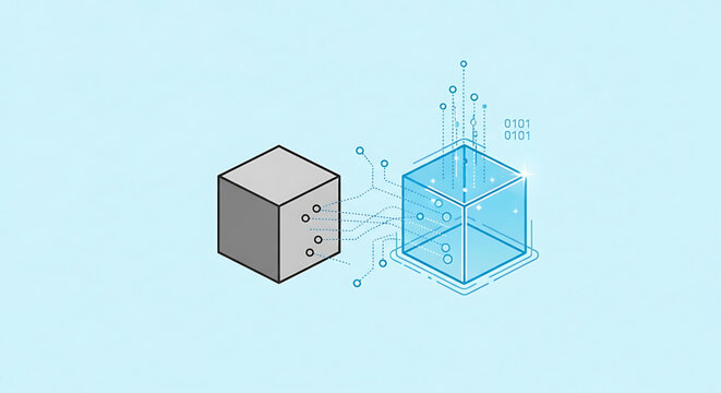 Digital data transformation concept with isometric grey and glowing blue cubes linked by network lines representing information processing