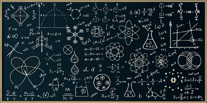 Scientific formulas and atomic structures chalkboard illustration dark background
