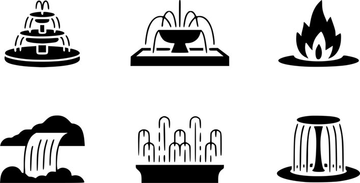 Set of backyard garden fountain and park water feature black silhouette vector icons including tiered cascades, outdoor geysers, plaza sprayers, campfire flames, and waterfalls isolated on a white bac