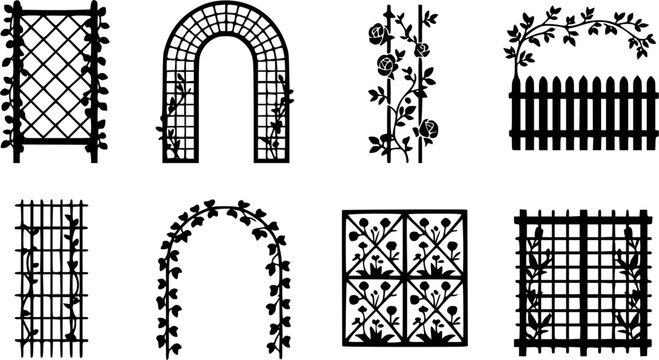 Set of backyard garden trellis and climbing plant vector illustrations featuring floral arches, wooden grid fences, ivy wall panels, and rose support structures isolated on a white background.