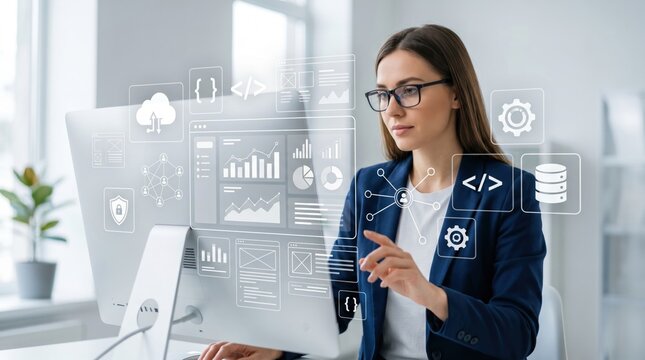 Female developer interacting with holographic code and data visualization interface, software engineering workflow featuring charts, graphs, database icons, cloud upload