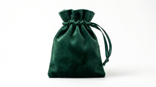 Empty Dark Green Velvet Drawstring Pouch on White Isolated Background Minimalist Style