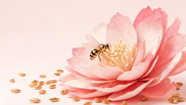 Bee on Pink Paper Art Flower Illustration