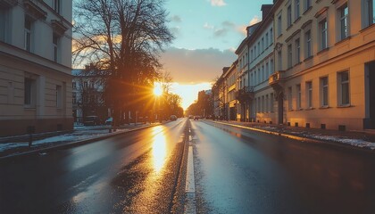 Obraz premium Sunset Urban Street with Wet Road Reflections