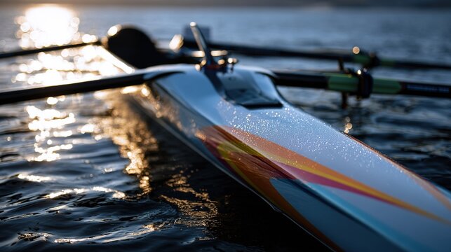 hydrofoil. Side profile of a modern racing boat with a slender outrigger over calm water. mobility guides, transit brochures, designed for transport & logistics marketing, used by account managers.