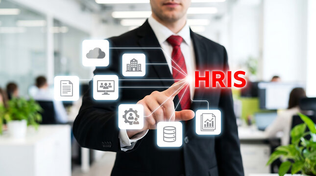 Businessman in suit interacting with HRIS icons, human resources technology, office background