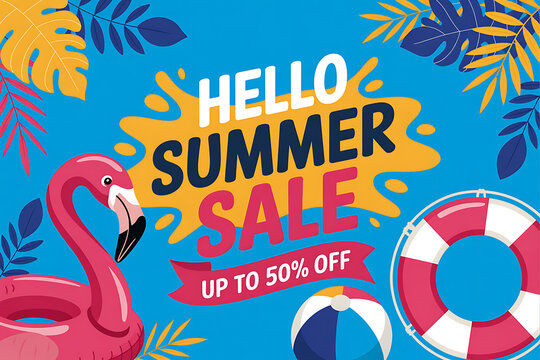 Summer sale promotional banner with pink flamingo floatie lifebuoy beach ball and tropical leaves on blue background for shopping discount event with up to fifty percent off text.