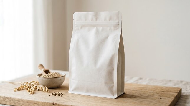 Freshly harvested wheat grains in bowl next to empty paper bag on wooden table