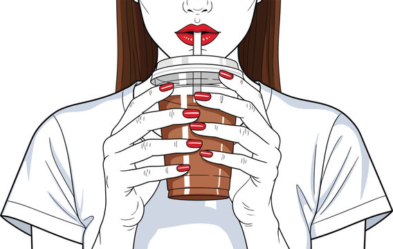 Woman drinking iced coffee with a straw