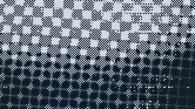 Digital Glitch Effect with Pixelated Halftone Patterns on Dark Blue. 4K Video