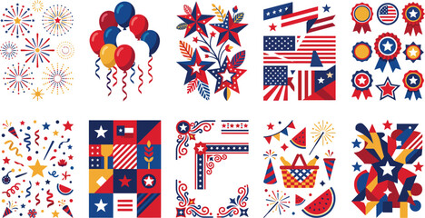 Fototapeta premium A collection of colorful patriotic themed illustrations featuring american flags balloons stars fireworks picnic baskets and festive decorations for celebrating fourth of july holiday events