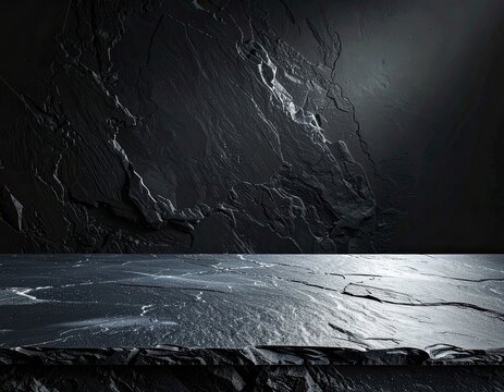 A dark, textured slate surface with a mountainous backdrop.